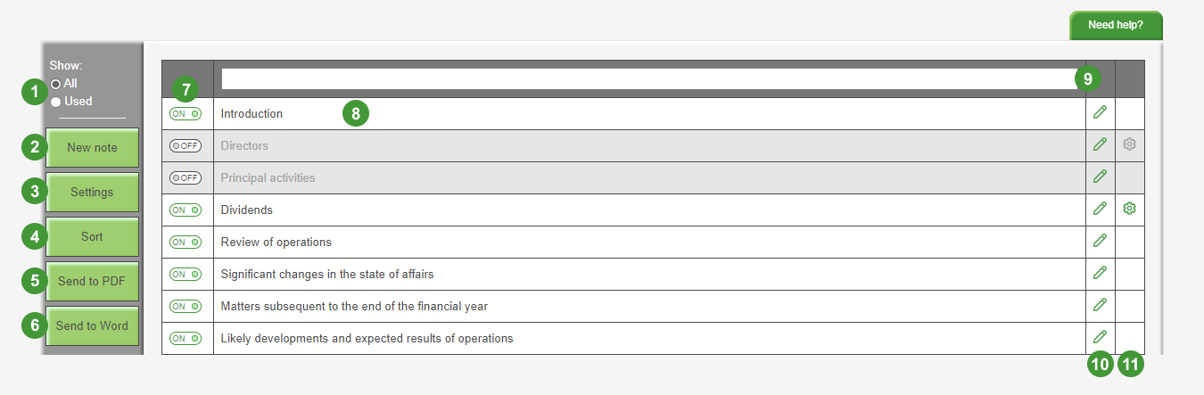 Image shows the Directors' report screen in the software. The on-screen options have been labelled with numbers which correspond to the numbers in the table below.